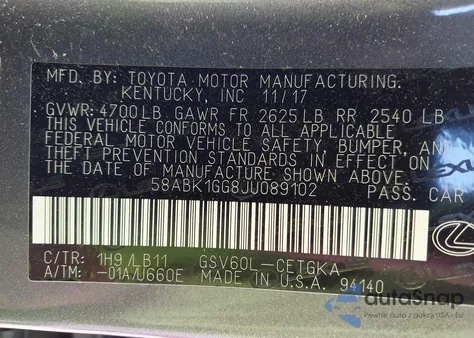 2018 Lexus Es 350 from USA, damaged, VIN 58ABK1GG8JU089102